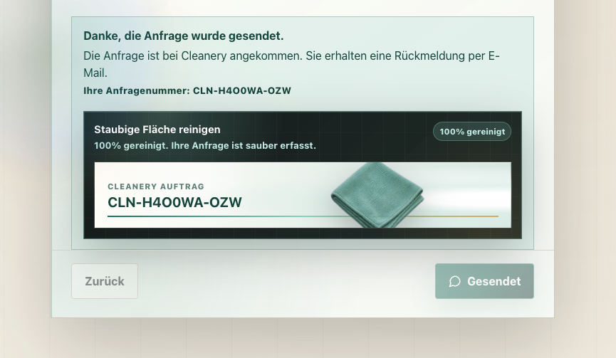 Vollständig gereinigte Cleanery Anfrage mit sichtbarer Anfragenummer und Fortschritt von einhundert Prozent