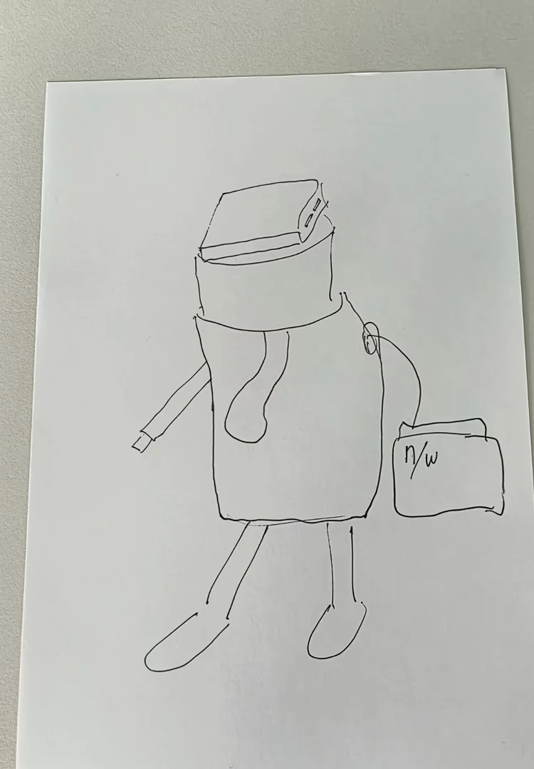 Originalzeichnung: früher Entwurf der Figur auf Papier