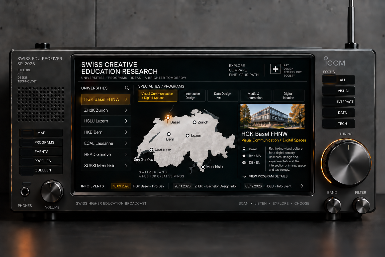 Fotorealistischer schwarzer Swiss Edu Receiver mit Bildschirm, Bedienelementen und Abstimmknopf