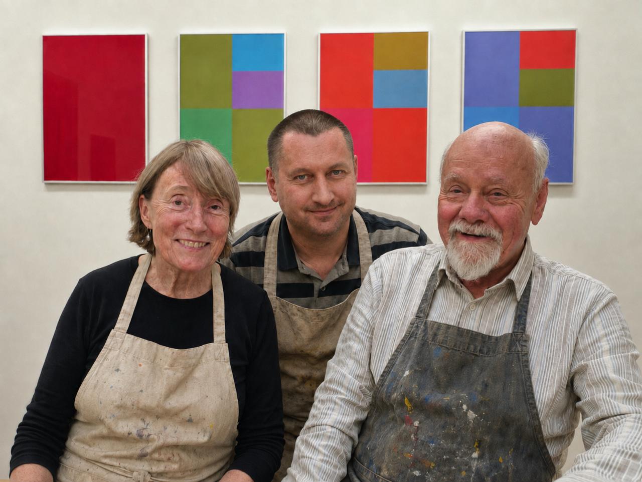 Monique Burnand-Müller, Dmytro Hlukh und Olivier K. Burnand vor farbigen Arbeiten