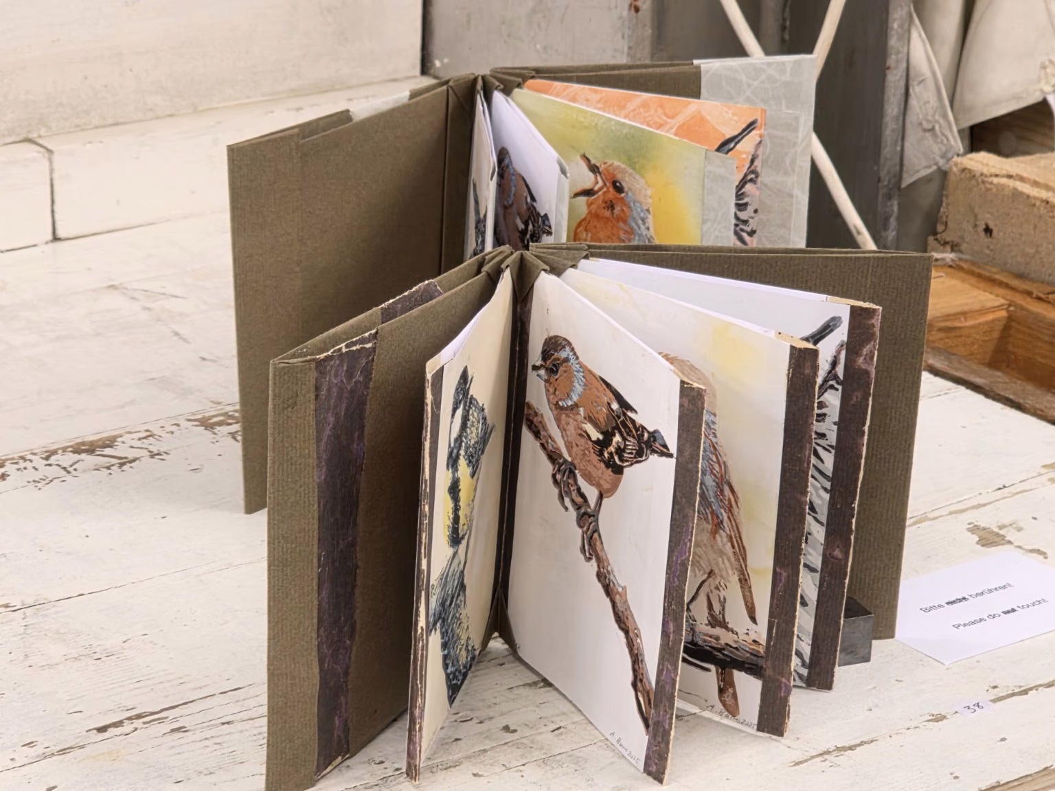 Zwei aufgeklappte Künstlerbücher mit Vogelmotiven liegen auf einer Arbeitsfläche