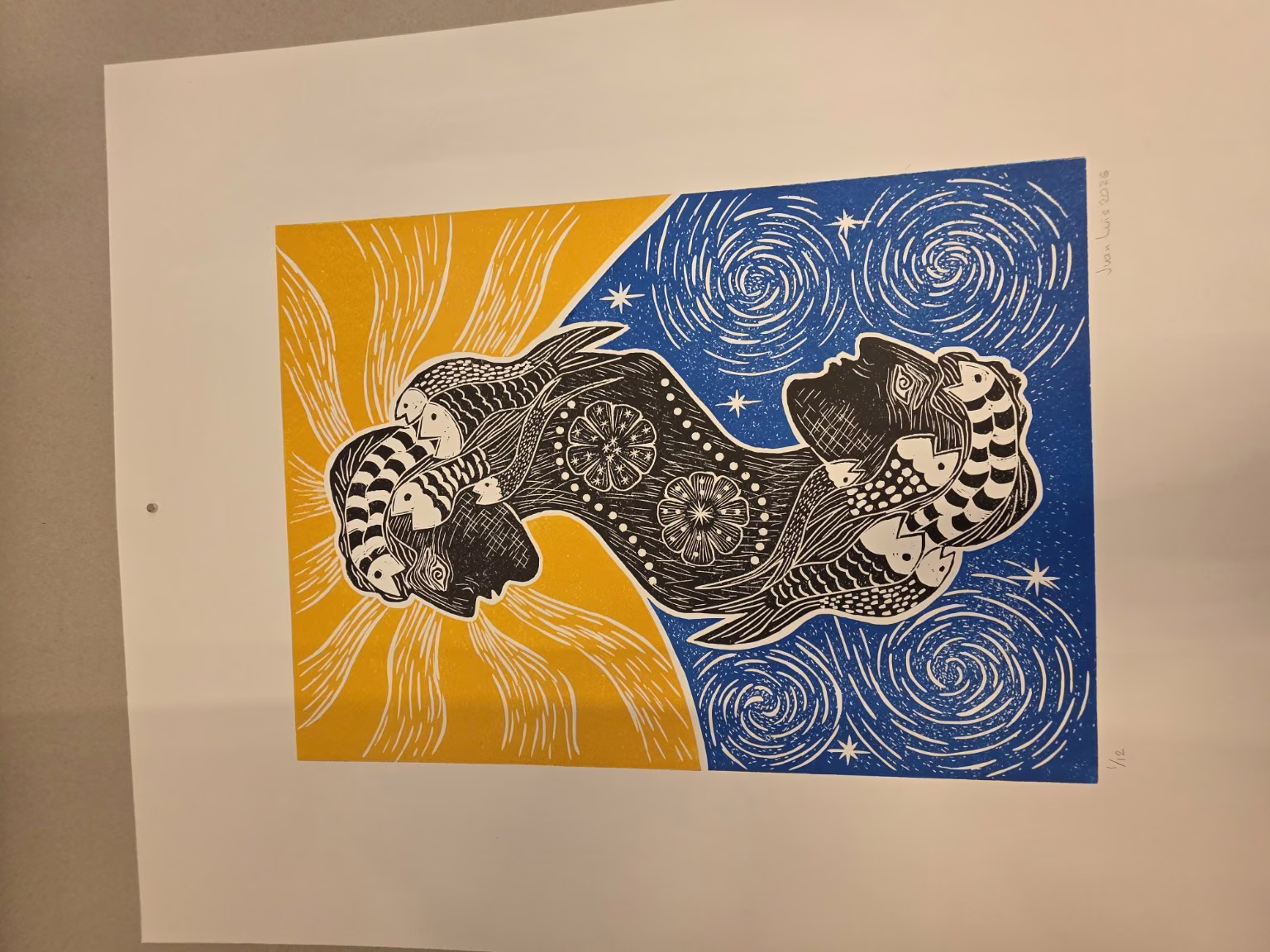 Kräftiger Druck in Gelb, Blau und Schwarz mit figurativen Formen